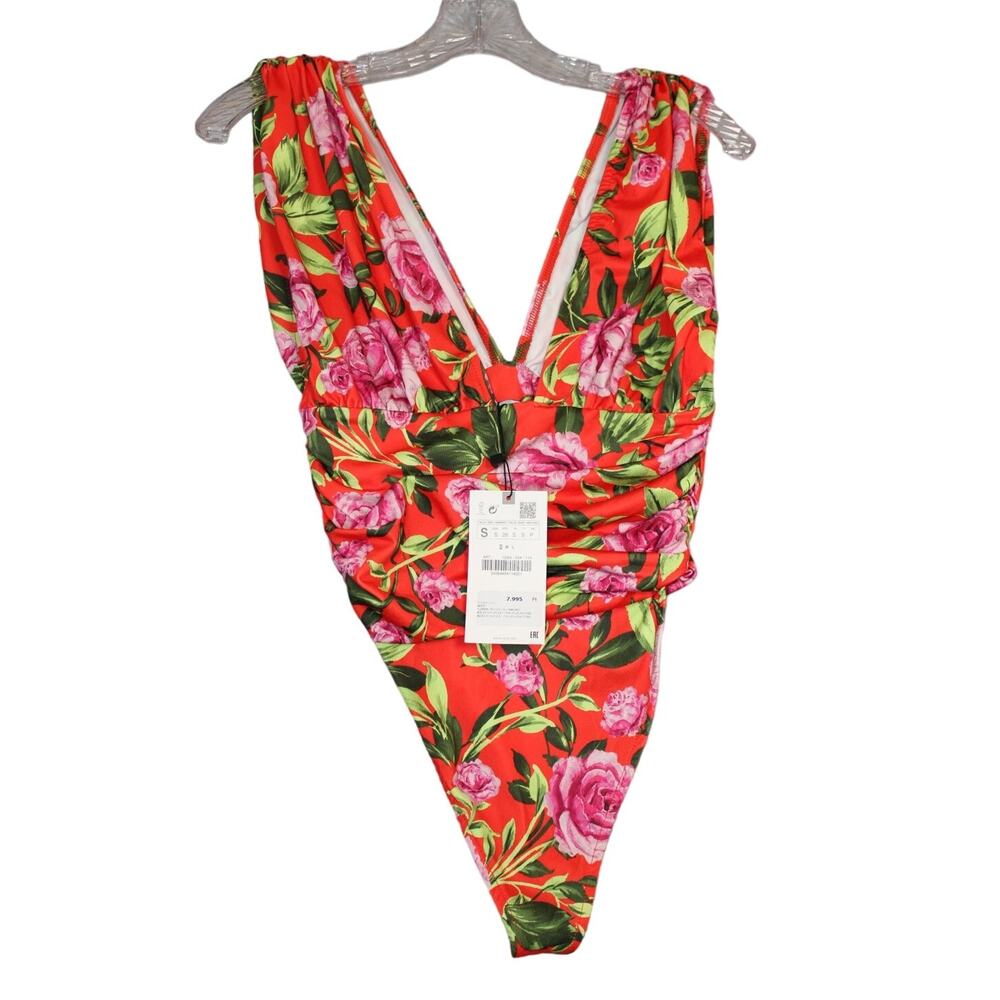 Zara Bodysuit Small Red Floral Print High Cut Sleeveless Summer Beach Vacation